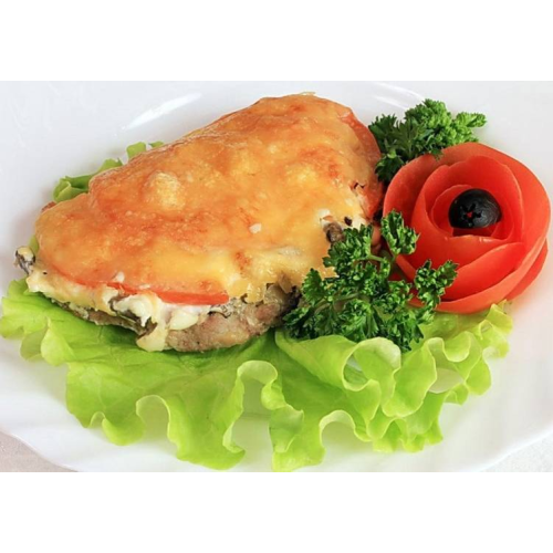 Pork baked with vegetables under cheese
